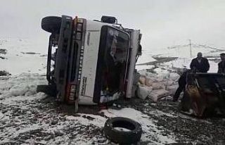Karlı yolda kayan kamyonet yan yattı