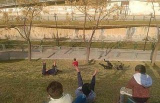 Çocukların çimende kayak keyfi