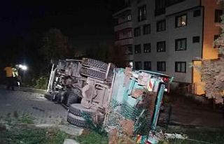 Yokuşta geriye kayan çöp kamyonu devrildi