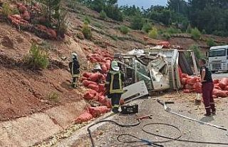 Tonlarca soğan devrilen kamyondan yola saçıldı