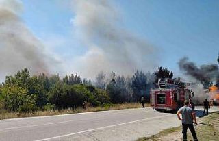 Saman yüklü tır alev aldı, yangın ormanlık alana...
