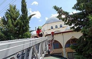 Caminin kubbesinden uçamayan leyleği itfaiye kurtardı