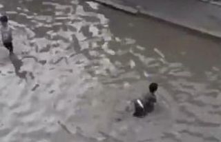 İzmir’de göle dönen sokakta çocuklar yüzdü