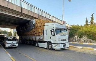 Yalova’da saman yüklü tır altgeçide sıkıştı