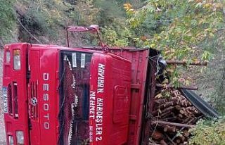 Odun yüklü kamyon devrildi