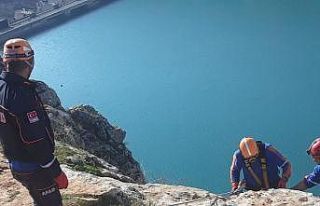 Kayalıklarda mahsur kalan keçiler halatlarla kurtarıldı