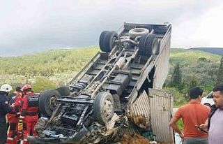 Kamyonet ters döndü