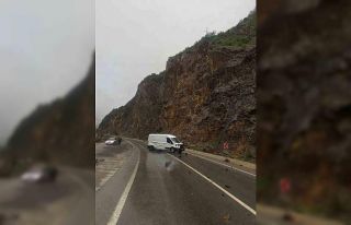 Ekmek yüklü minibüse dağdan kopan kayalar çarptı