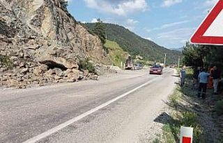 Heyelan nedeniyle dağdan kopan kaya parçaları yolu...
