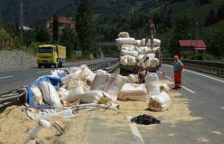 Saman yüklü kamyon yola devrildi: 1 yaralı