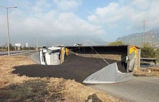 Tır virajı alamayınca tonlarca kömür yere döküldü