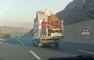 Eşya yüklü kamyonetin arkasında tehlikeli yolculuk