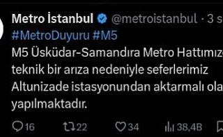 Üsküdar - Samandıra metro hattında arıza nedeniyle...