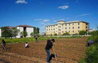 Öğrenciler kendi tarlalarında ilk fideleri toprakla...