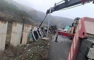 Şarampole devrilen tırda yüklü talaşlar yola...