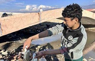 Evden getirdikleri perdeyle kanalda balık yakaladılar