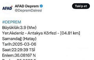 Hatay’da 3.9 büyüklüğünde deprem