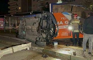 Aydınlatma direğine ve reklam panosuna çarpan araç...