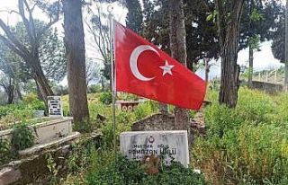 Şehit mezarı başında rengi solan bayrak yenisi...