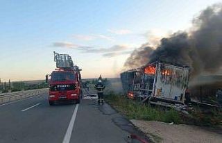 Çanakkale’de yol kenarına devrilen tır alev alev...