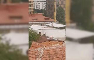 Çocukla birlikte çatıda halı yıkayan vatandaş...