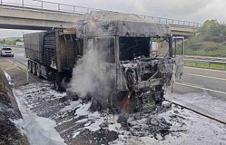 Lastiği patlayarak alev alan tır küle döndü