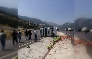 Karpuz yüklü kamyon devrildi: 1 yaralı
