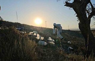 Boş arazideki siyah sıvı dolu bidonlar ekipleri...