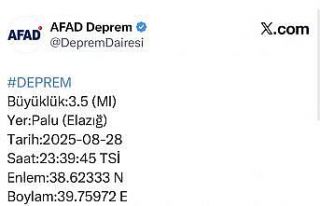 Elazığ’da 3.5 büyüklüğünde deprem
