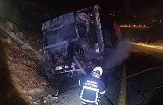 Mardin’de alevlere teslim olan tır, geceyi aydınlattı
