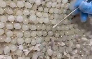 Gelinliğin üzerine boncuk şeklinde işlenmiş 25...