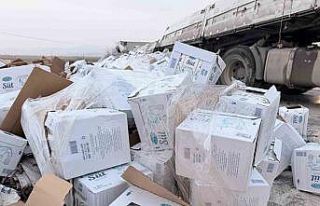 Devrilen tırdaki 25 ton süt çevreye dağıldı