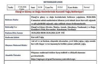 Elazığ için kuvvetli yağış uyarısı