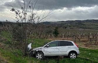 Buldan’da aynı yolda ikinci kaza, otomobil üzüm bağına uçtu