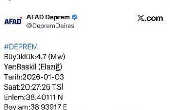 Elazığ’da 4.7 büyüklüğünde deprem