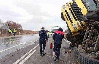 Balık yemi yüklü tır devrildi