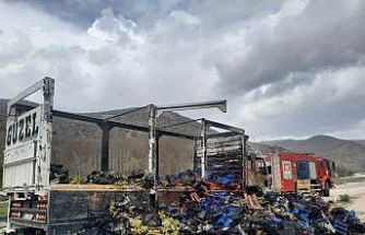 Tokat’ta çilek yüklü kamyon yandı