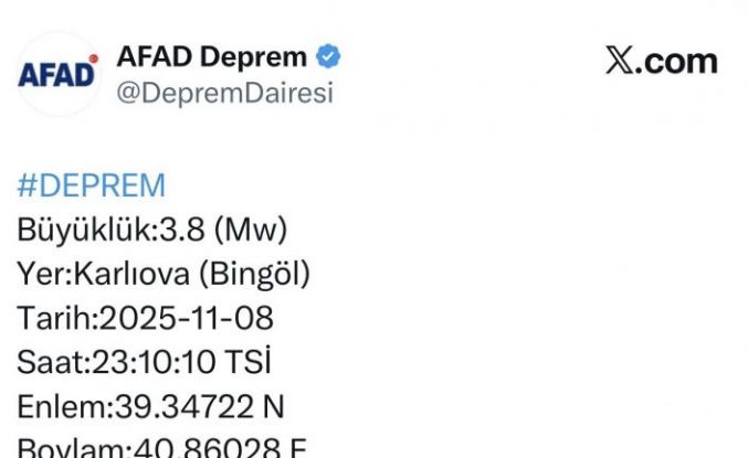 Bingöl’de 3.8 büyüklüğünde deprem