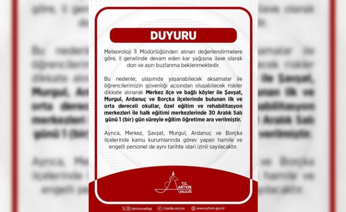 Artvin merkez ve 4 ilçede kar nedeniyle eğitime 1 gün ara verildi