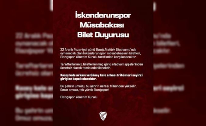 Elazığspor yönetimi, İskenderunspor maçının biletlerini ücretsiz dağıtacak