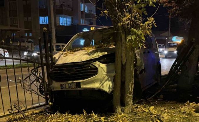 Kontrolden çıkan minibüs, refüjdeki ağaca çarparak durabildi