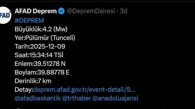 Tunceli’de 4.2 büyüklüğünde deprem