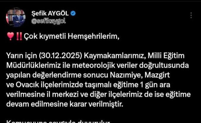 Tunceli’nin 3 ilçesinde taşımalı eğitime 1 gün ara verildi