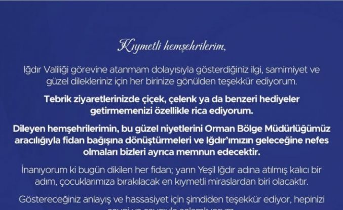Vali Taşolar’dan tebrikler için anlamlı çağrı: "Çiçek yerine fidan bağışı"