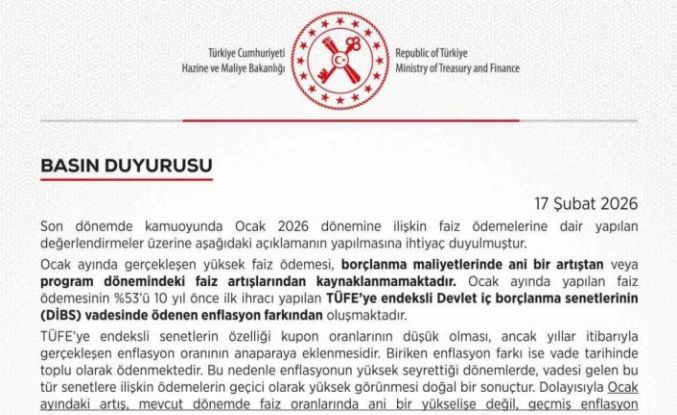 Hazine ve Maliye Bakanlığı: "Enflasyonun yüksek seyrettiği dönemlerde ödemelerin geçici olarak yüksek görünmesi doğal bir sonuçtur"