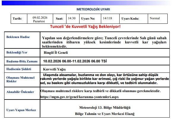 Tunceli için kuvvetli kar yağışı uyarısı