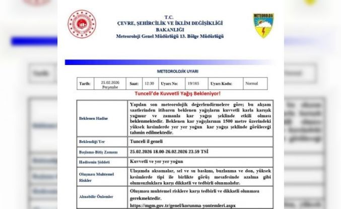 Tunceli için ‘Kuvvetli Yağış’ uyarısı