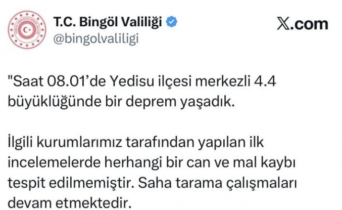 Bingöl Valiliği: "Saha tarama çalışmaları devam etmektedir"