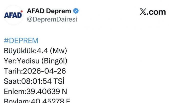 Bingöl’de 4.4 büyüklüğünde deprem