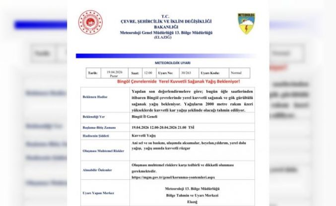 Meteorolojiden Bingöl için yağış uyarısı